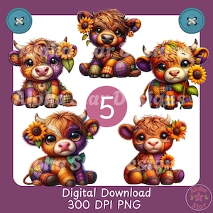 Conjunto PNG de vaca de las Tierras Altas con patchwork, 5 diseños caprichosos y adorables de vacas de las Tierras Altas acolchadas con un girasol, regalo único para baby shower.