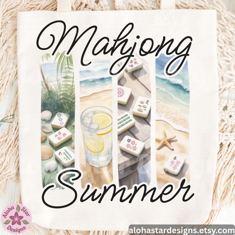 May include: Cream tote bag with the words "Mahjong Summer" in black script. The design features watercolor illustrations of mahjong tiles, a beach scene, a glass of lemonade, and seashells.