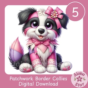 May include: A digital illustration of a patchwork Border Collie puppy with a pink bow and flower. The puppy has black, white, and pink patches, with large purple eyes. The number 5 is in a pink circle in the upper right corner. Text at the bottom reads "Patchwork Border Collies Digital Download."