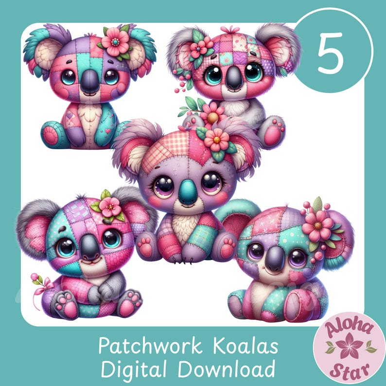 Patchwork Koala Clipart PNG Set: Whimsical Nursery Decor (digital ...