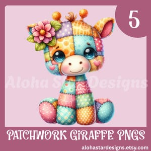 Puede incluir: Ilustración PNG de una jirafa de patchwork colorida. La jirafa tiene una flor en la cabeza y detalles en forma de corazón. La imagen incluye el texto "PATCHWORK GIRAFFE PNGS" y la dirección del sitio web.