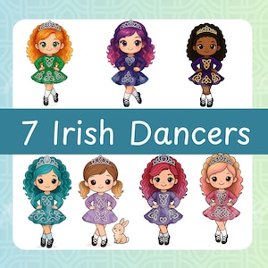 Puede incluir: Ilustración de siete bailarinas irlandesas con vestidos coloridos, cada una con tiara y cabello rizado. Las bailarinas están en varias poses, con el texto "7 Irish Dancers" en la imagen. Los vestidos presentan diseños de nudos celtas.