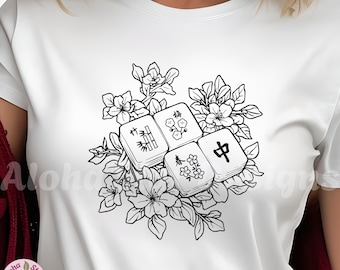 May include: White t-shirt featuring a black and white graphic of four Mahjong tiles surrounded by floral elements. The tiles display various symbols and Chinese characters. The Etsy shop URL is visible at the bottom.