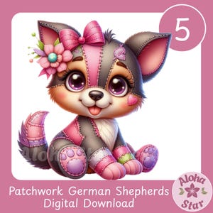 Puede incluir: Ilustración digital de un cachorro de pastor alemán patchwork con parches rosas y grises. El cachorro tiene un lazo rosa, una flor y parches en forma de corazón. Incluye el texto "Patchwork German Shepherds Digital Download."