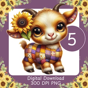 May include: A digital illustration of a cartoon goat with large eyes, wearing a patchwork sweater and a sunflower. The goat has brown and white fur, with a purple background and floral border. A number 5 is in a circle.