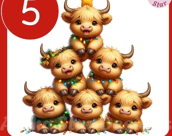 Christmas Highland Cow Tree Clipart Set: 5 PNG Kawaii Style Highland Cows Bundle (Digital Download)