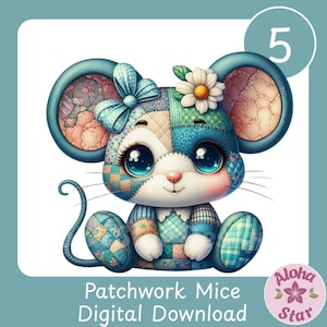 Könnte beinhalten: Digitale Illustration einer Patchwork-Maus mit großen blauen Augen, einer Schleife und einer Gänseblümchen. Die Maus besteht aus verschiedenen Stoffmustern in Blau, Grün und Beige. Der Text unten lautet "Patchwork Mice Digital Download."