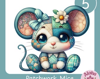 Patchwork Mouse Clipart: 5 Blue and Teal Mice Sublimation designs (PNG Download)