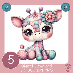 May include: A whimsical illustration of a patchwork giraffe with large, expressive eyes and a flower on its head. The giraffe is in soft pastel colors, with a pink background and decorative buttons. The image includes the text "Digital Download 5 x 300 DPI PNG".