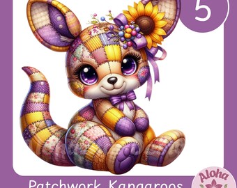 Patchwork Kangaroo Clipart PNG Set: 5 Whimsical Kangaroos with Sunflower Sublimation Designs (Digital Download)