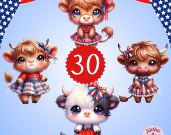Imágenes prediseñadas de vaca de las Tierras Altas en rojo, blanco y azul: paquete PNG del 4 de julio (descarga digital)