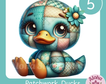 Patchwork Duck Clipart Set: Blue Teal Nursery Art (Digital PNG Download)