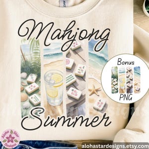 May include: Cream sweatshirt with a graphic design. The design features the words "Mahjong Summer" and watercolor illustrations of mahjong tiles, a drink with lemon, and a beach scene. Includes a bonus PNG.