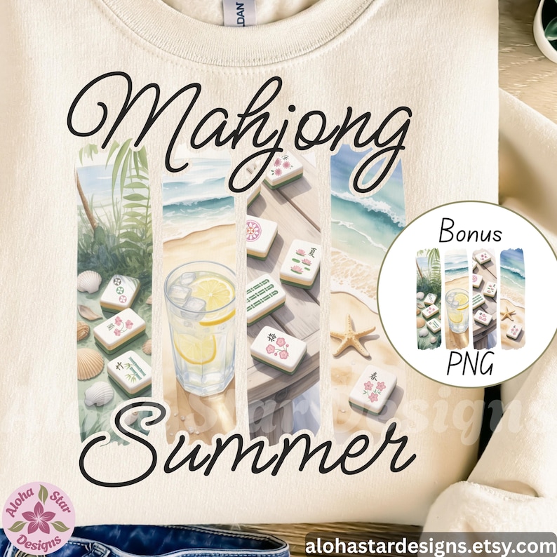 May include: Cream sweatshirt with a graphic design. The design features the words "Mahjong Summer" and watercolor illustrations of mahjong tiles, a drink with lemon, and a beach scene. Includes a bonus PNG.