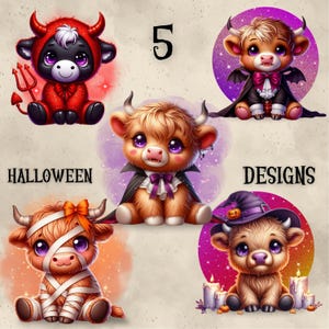 May include: Five adorable Halloween-themed cow designs. Each cow is depicted in a different costume, including a devil, vampire, mummy, and witch. The image includes the words "Halloween Designs" and the number "5".