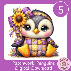 May include: A cute cartoon penguin with large blue eyes, wearing a patchwork quilt outfit and a purple bow with a sunflower. The image includes the text "Patchwork Penguins Digital Download".