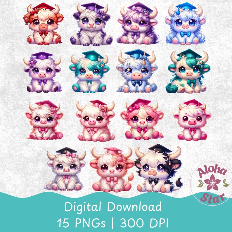 Highland Cow Graduation Clipart Bundle, Kawaii PNG Graphics (instant ...