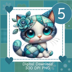 Könnte beinhalten: Eine digitale Illustration einer Patchwork-Katze mit großen blauen Augen und einer blauen Blume. Die Katze ist hauptsächlich weiß und blau, mit Flicken in verschiedenen Blautönen. Der Text "Digital Download 300 DPI PNG" und die Zahl "5" sind enthalten.