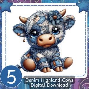 Conjunto de imágenes prediseñadas de vacas de las Tierras Altas con patchwork de mezclilla, 5 adorables y divertidas vacas de las Tierras Altas para decoración infantil, regalo único para habitación infantil