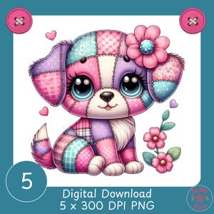 May include: A digital download image of a patchwork puppy with large, expressive eyes and a flower on its head. The puppy is primarily pink, purple, and teal, with a white face and a small black nose. The image includes the text "Digital Download 5 x 300 DPI PNG".