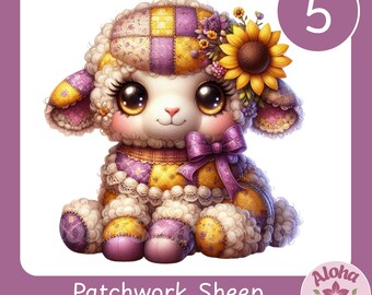 Patchwork Sheep Clipart Set, 5 Sheep with Sunflower, Ribbon, Embellishments Sublimation Designs, Digital Download