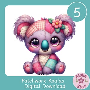 May include: A digital illustration of a patchwork koala bear with large, expressive eyes and a flower on its head. The koala is primarily purple, pink, and teal, with a stitched patchwork design. Text at the bottom reads "Patchwork Koalas Digital Download."