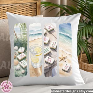 May include: White square cushion with a watercolour design featuring beach scenes and Mahjong tiles. The design includes a glass of lemonade, seashells, and a starfish. The cushion has the text "Aloha Star Designs" and "alohastardesigns.etsy.com".