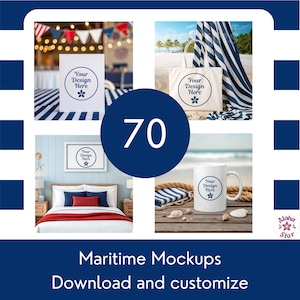 Bundle de maquettes sur le thème maritime, 70 maquettes numériques nautiques pour oreillers, cartes, art mural, sacs fourre-tout et tasses, cadeau côtier parfait