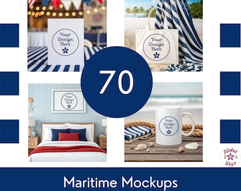 May include: A composite image featuring maritime-themed mockups. Included are a white card, tote bag, framed print, and mug, each with a "Your Design Here" graphic. A large blue circle displays the number "70". The text "Maritime Mockups" and "Download and customize" are also present.