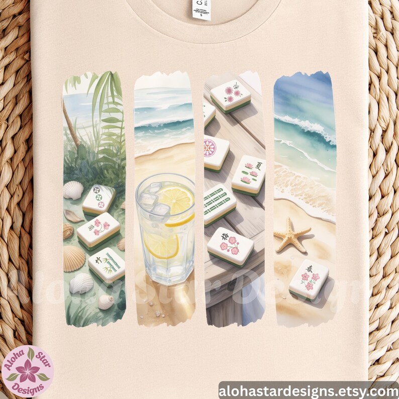 May include: Beige t-shirt with a watercolour design featuring beach and Mahjong tile imagery. The design includes a glass of lemonade, seashells, a starfish, and palm trees. The text "alohastardesigns.etsy.com" is at the bottom.