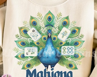 Mahjong Peacock Design: Watercolor style with Mahjong tiles (Digital Download, PNG, JPG)