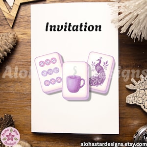 May include: White invitation card with the word "Invitation" in black. The card features three purple illustrations: two Mahjong tiles and a teacup. The Mahjong tiles have floral designs and the other tile has a peacock.