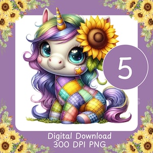 Può includere: Un'illustrazione stravagante di un unicorno con un corpo patchwork, un corno dorato e un girasole tra i capelli. L'unicorno ha grandi occhi espressivi ed è circondato da un bordo floreale. Un cerchio viola con il numero 5 è a destra.