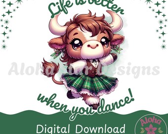 Highland Cow Dancing PNG: Scottish Kawaii Coo, Sublimation Design (Digital Download)