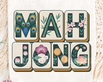 May include: A cream-colored tote bag featuring the word "MAHJONG" in a decorative, tile-like font. Each letter is adorned with floral and peacock feather designs. The bag has a tan border and the Etsy shop URL is visible.