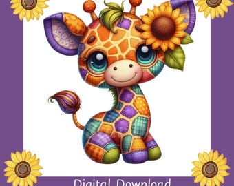 Patchwork Giraffe Clipart Set: Sunflower Nursery Decor (PNG Files, Digital Download