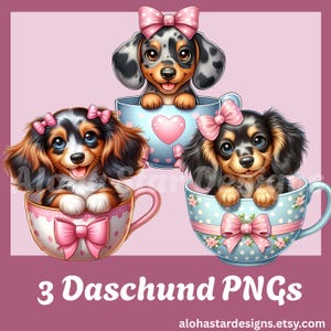 May include: Three charming dachshund puppies, each adorned with a pink bow, are depicted in decorative teacups. The teacups are pink and blue with polka dots, hearts, and floral details. The image includes the text "3 Daschund PNGs".