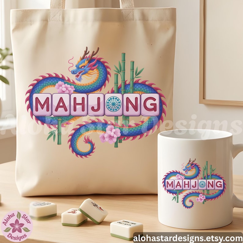 May include: A beige tote bag and white mug featuring a colorful dragon design with the word "MAHJONG" in pink letters. The design includes bamboo stalks and pink flowers. Several Mahjong tiles are on the table.