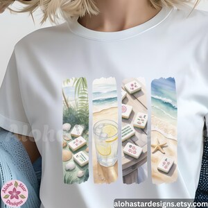 May include: White t-shirt with a watercolour design depicting beach scenes and tropical elements. The design includes mahjong tiles, a glass of lemonade, and a starfish. The text "alohastardesigns.etsy.com" is at the bottom.