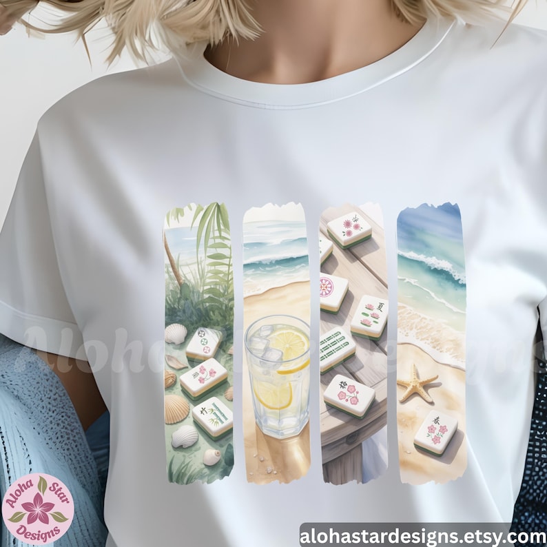 May include: White t-shirt with a watercolour design depicting beach scenes and tropical elements. The design includes mahjong tiles, a glass of lemonade, and a starfish. The text "alohastardesigns.etsy.com" is at the bottom.