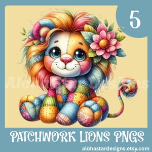 Könnte beinhalten: Bunte Patchwork-Löwen-Illustration mit rosa Schleife, floralen Akzenten und gemustertem Schwanz. Das Bild zeigt die Zahl 5 und den Text "PATCHWORK LIONS PNGS" und "alohastardesigns.etsy.com".