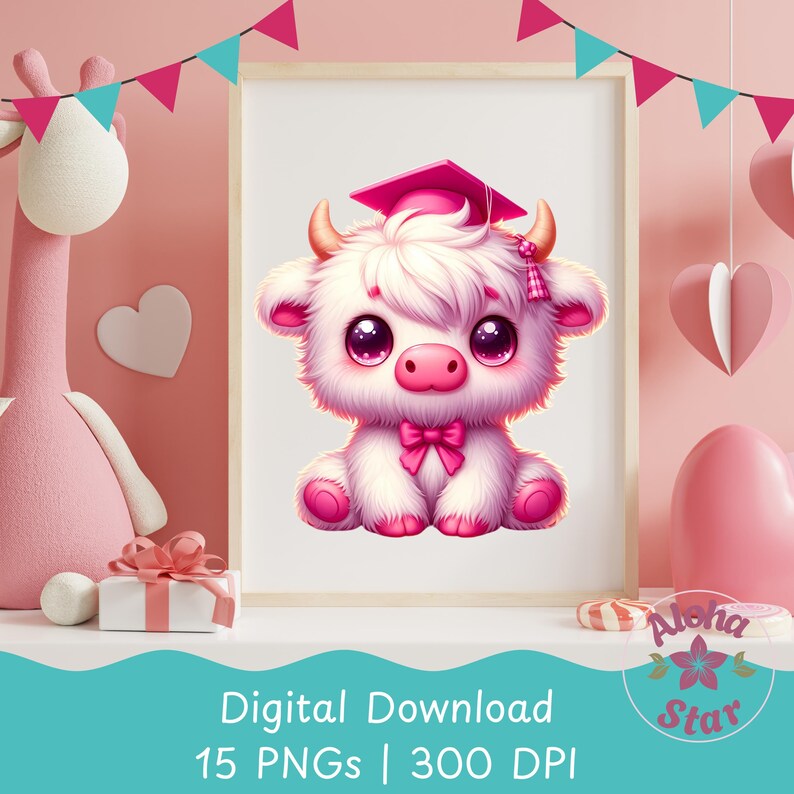 Highland Cow Graduation Clipart Bundle, Kawaii PNG Graphics (instant ...