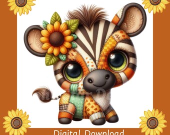 Patchwork Zebra Clipart Set: Sunflower Nursery Decor (PNG Digital Download)