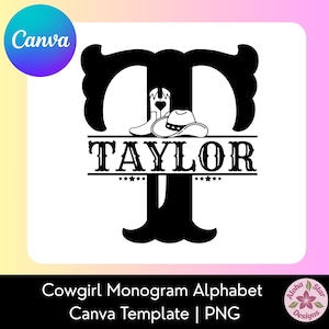 Puede incluir: Diseño de monograma de vaquera en blanco y negro con el nombre "TAYLOR" en negrita, con una bota y un sombrero de vaquero. La letra "T" forma el fondo. El diseño es una plantilla de Canva.