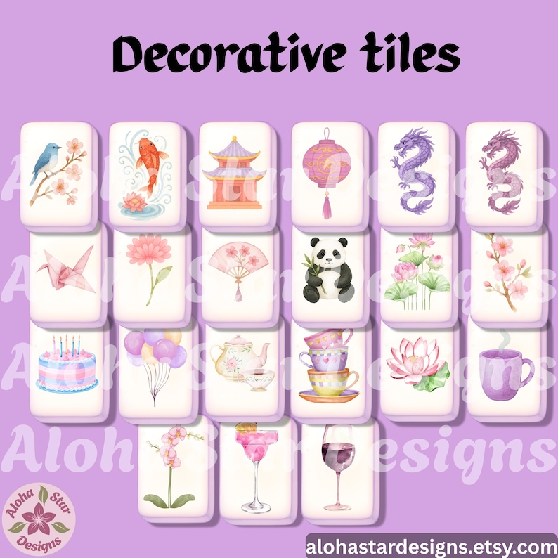 May include: Decorative tiles with various watercolor illustrations. Designs include a bird on a branch, a koi fish, a pagoda, a lantern, a dragon, a crane, a flower, a fan, a panda, a lotus flower, a cake, balloons, a teapot, teacups, a lotus flower, a mug, a flower, a cocktail, and a wine glass.