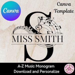 Music Monogram Alphabet PNG SVG: Personalized Musical Note Letters Canva Template (Digital Download)