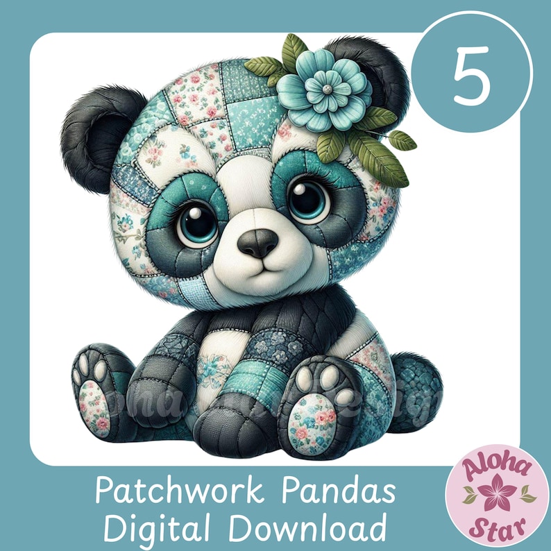 Patchwork Panda Clipart Set: Blue & Teal Quilting Designs (digital ...