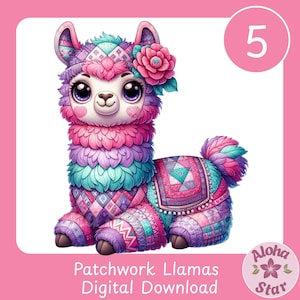 May include: A vibrant patchwork llama illustration, adorned with a flower and featuring a saddle. The llama is depicted in pink, purple, and teal hues. The image includes the text "Patchwork Llamas Digital Download" and the number "5".