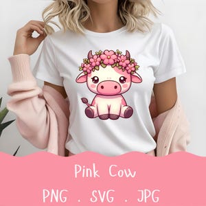 Kawaii Pink Cow Digital Download, Strawberry Cow Clipart with Floral Accents for Sublimation and T-Shirt Printing, Cute DIY Gift Design