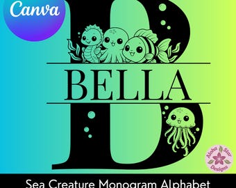 Sea Creature Monogram Alphabet PNG SVG: Personalized Letters Canva Template (Digital Download)